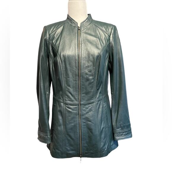 Denim & Co. Lamb Leather Stand Collar Jacket with Seam Details Green NWOT Small - Picture 1 of 7